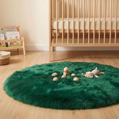Emerald Green Faux Fur Sheepskin Round Rug 4x4 ft, Fluffy Shag Circle Rug | - Image 7