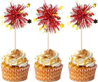 30 PCS Foil Firework Cupcake Toppers Happy Birthday Star Cupcake Picks Sparkle Tinsel Drink Stirrers Cocktail Fruit Toothpicks for Valentine's Day Wedding Birthday Party Decorations Supplies Red