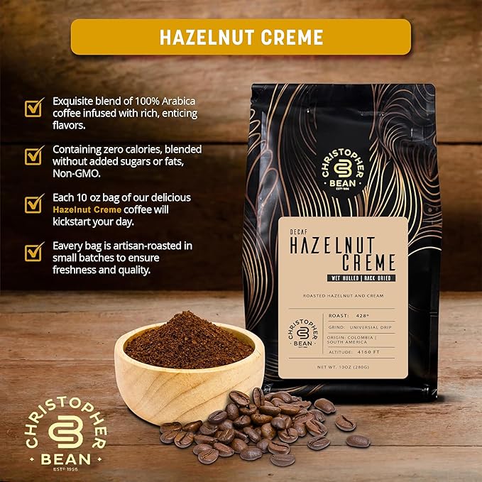 Christopher Bean Coffee - Certified Kosher - Decaf Ground Universial Drip Hazelnut Crème Flavored Coffee| Coffee Beans with Medium Roast 100% Arabica, No Sugar, No Fats, Non-Gmo | 10-Ounce Bag