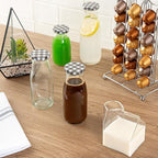 Restaurantware French Countryside 11 Ounce Glass Bottles 10 Durable Juice Bottles - With Black Plaid Lid Dishwashable Clear Glass Countryside Bottles For Hot And Cold Beverages