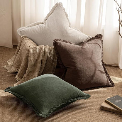 MIULEE Boho Linen Fringe Decorative Throw Pillow Covers Rifle Green 20x20 | Set - Image 5