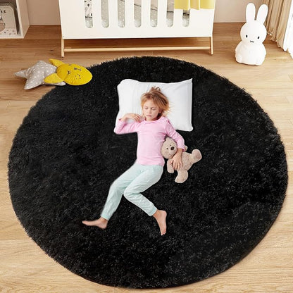 Black Round Rugs for Bedroom: 4ft Circle Fluffy Shag Soft Washable Rug Small by VECARF