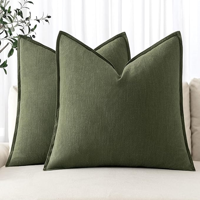 MIULEE Decorative Linen Euro Sham Pillow Covers 24x24 Dark Olive Green | Boho by MIULEE