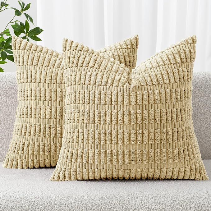 MIULEE Corduroy Decorative Throw Pillow Covers 16x16 Beige Pack of 2 | Soft by MIULEE