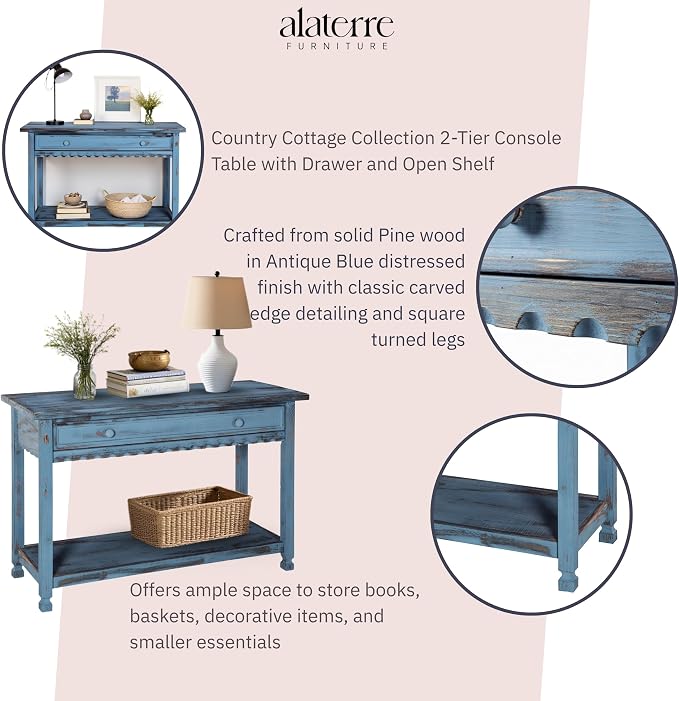 Alaterre Furniture Rustic Cottage Media Console Table, Antique Blue - Image 4