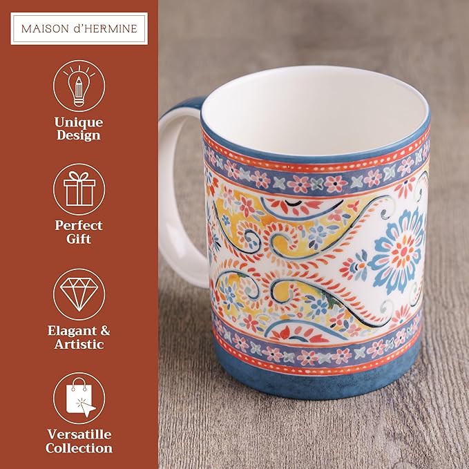 Maison d' Hermine Coffee Mug with Handles Fine Bone China Mugs Pack of One Tea Cups for Hot Beverages Cappuccino Latte Home Restaurant Office Perfect for Gift (Indian Floral - Butta, 15 Ounce)