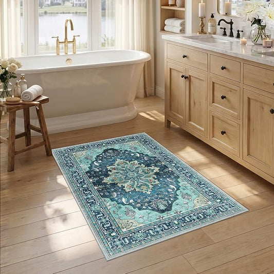 RELEANY Washable Area Rug, Small 2'6"x4', Teal | Non-Slip, Water Repellent by RELEANY