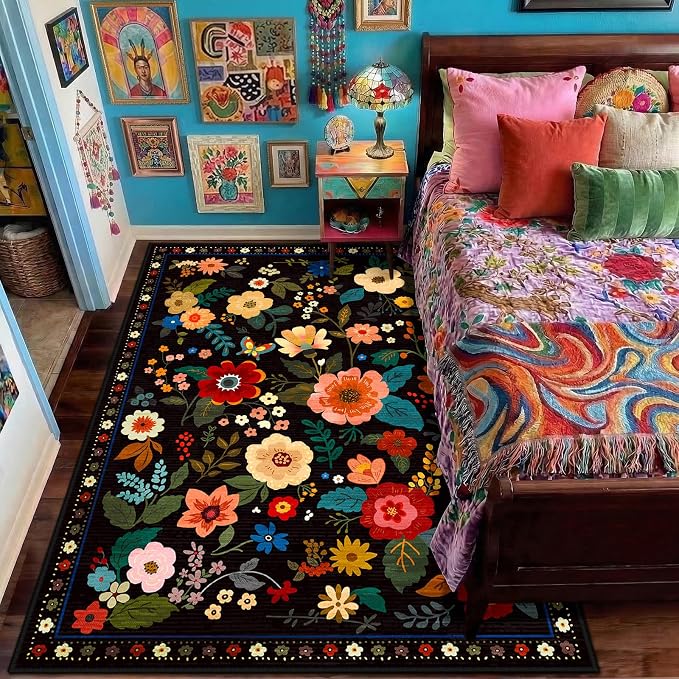 RELEANY Floral Washable 5x7 Area Rugs Black | Flower Carpet Print Boho Cute Non - Image 7