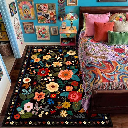 RELEANY Floral Washable 5x7 Area Rugs Black | Flower Carpet Print Boho Cute Non - Image 7