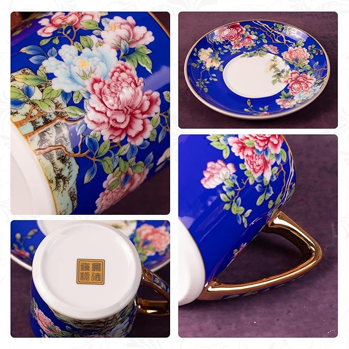 KAMMAK Tea Cups and Saucers Set of 2, Porcelain Coffee Cups with Saucer for Espresso, Cappuccino, 7.5oz Vintage Red and Blue Ceramic Demitasse Mug for Home, Tea Party, Office