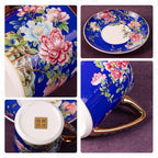 KAMMAK Tea Cups and Saucers Set of 2, Porcelain Coffee Cups with Saucer for Espresso, Cappuccino, 7.5oz Vintage Red and Blue Ceramic Demitasse Mug for Home, Tea Party, Office