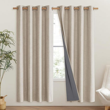 NICETOWN Oatmeal Bedroom Full Blackout Linen Curtain Panels Set of 2, Thick - Image 2