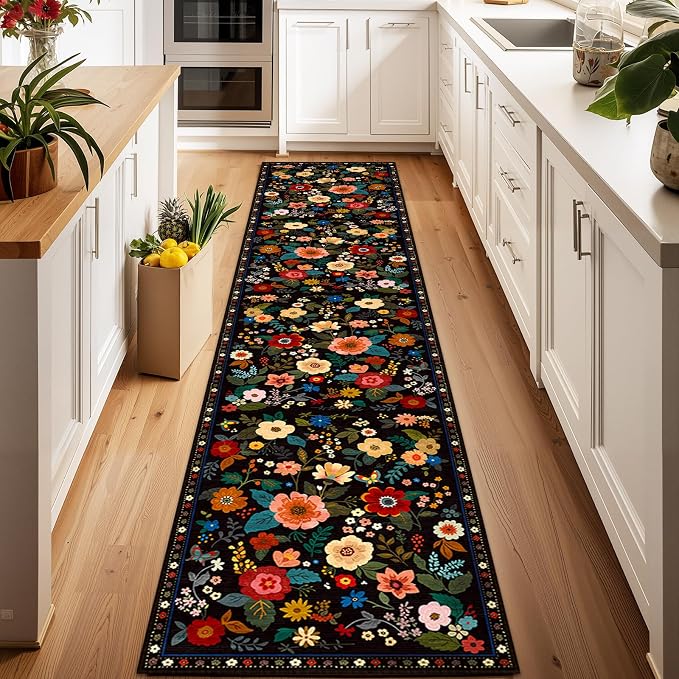 Floral Washable 2x6 Area Rugs Runner Entryway Hallway Black | Flower Carpet - Image 6