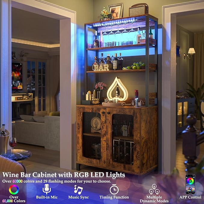 Aheaplus Bar Cabinet with Power Outlets, 67" Tall Wine Bar Liquor Cabinet with LED Lights & Glass Holder, Coffee Bars Station for Living Room, Microwave Stand Bakers Rack Cabinets, Rustic Brown