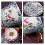 KAMMAK Tea Cups and Saucers Set of 2, Porcelain Coffee Cups with Saucer for Espresso, Cappuccino, 8oz Vintage Pink and Blue Ceramic Demitasse Mug for Home, Tea Party, Office