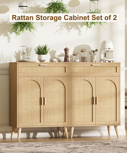 Rattan Buffet Sideboard Set of 2, Boho Buffet Cabinet - Image 3