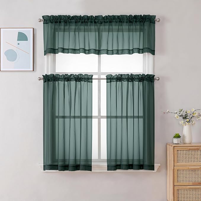 Chyhomenyc Sheer Hunter Green Kitchen Tier Curtains 24 Inch Length Set - Image 2