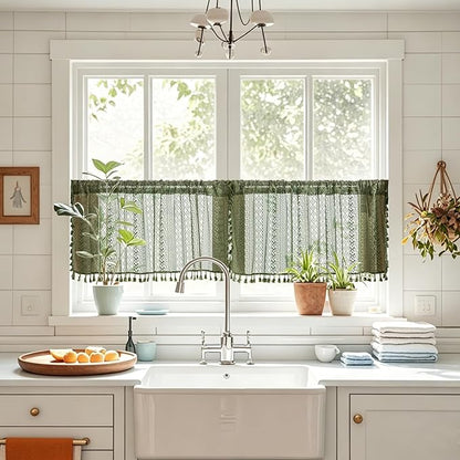 Sutuo Home Olive Green Boho Window Curtains Valance 18 inches Long 2 Panels - Image 2