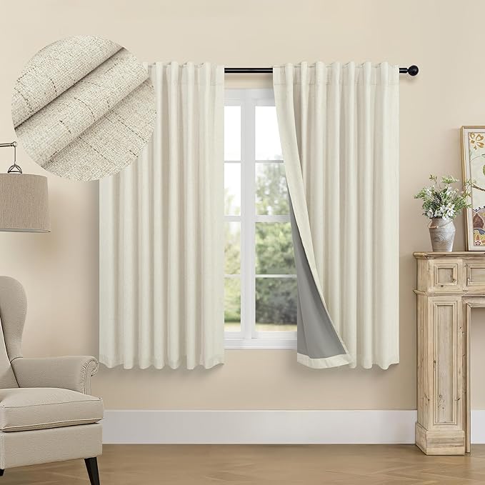 Short Linen Blackout Curtains for Bay Windows 48 Inch Length Bedroom Living by Pitalk