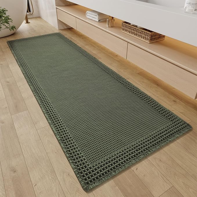 RESARE Waffle Bathroom Runner Rugs, Non Slip Boho Bath Mat 24"x72" Green | Long by Resare
