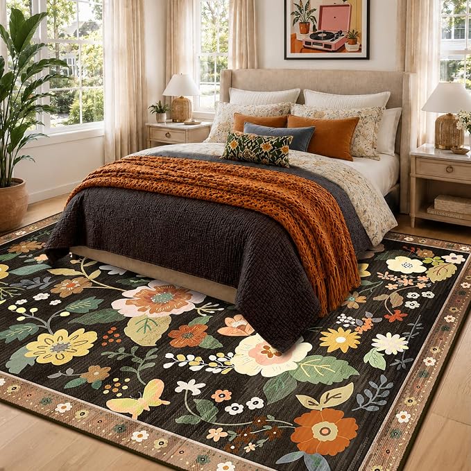 RELEANY Floral Washable 8x10 Area Rugs Black/Yellow | Flower Carpet Print Boho - Image 2