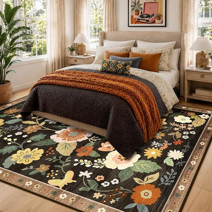 RELEANY Floral Washable 8x10 Area Rugs Black/Yellow | Flower Carpet Print Boho - Image 2