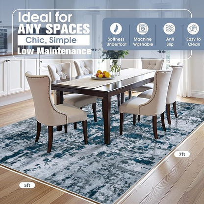 5x7 Area Rugs for Living Room Washable Bedroom Dining Room Navy Grey | Modern - Image 2