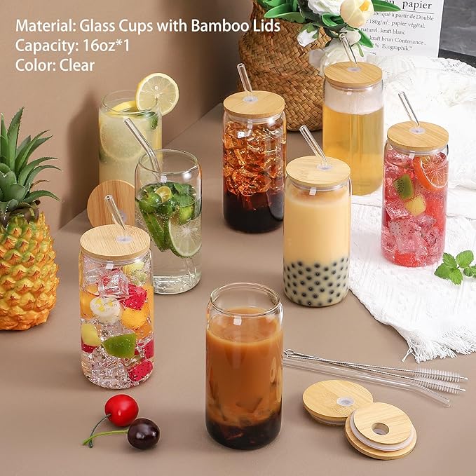 Glass Cups with Lids and Straws, 16oz Drinking Glasses, Iced Coffee Cups, Glass Tumbler with Lid, Great for Soda Boba Tea Cocktai (1 PACK)