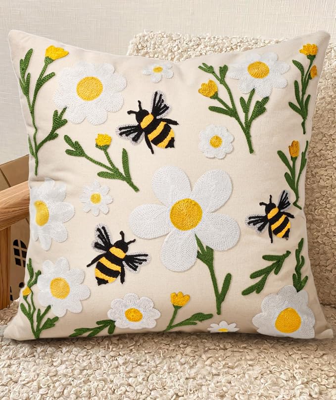 Embroidered Throw Pillow Cover 20x20 Inch, Flower Bee | Decorative Pillow Cover by Kokaaee