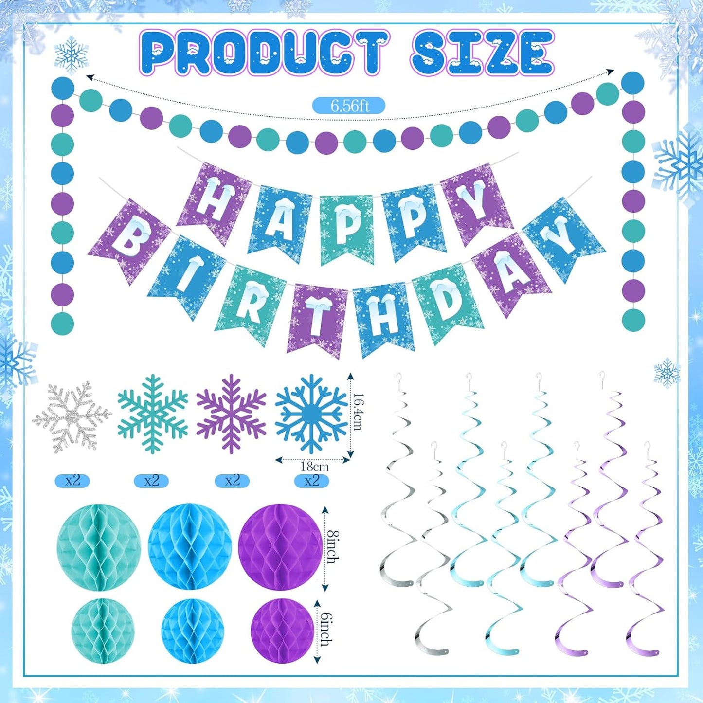 Funrous Snowflake Birthday Decorations Happy Birthday Banner Snowflake Hanging Swirls Honeycomb Balls Circle Dots Garland for Winter Princess Party Supplies