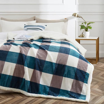 PU MEI Sherpa Blanket Twin Plaid Thick Bed Blanket, 90”*80” Super Soft Flannel - Image 2
