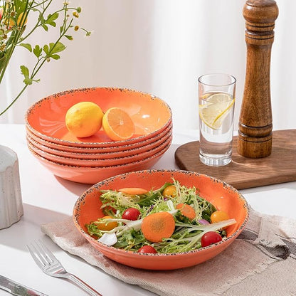 Farmhouse Melamine Pasta Bowls set, 42 OZ Large Fruit Bowl, Lightweight and Unbreakable Salad Serving Bowl, Set of 6, 9.25 inch Wide and Shallow Dinner Bowls, Dishwasher Safe,Orange…