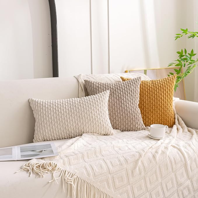 Set of 4 Beige Brown Coffee Decorative Throw Pillow Covers 12x20 Inch Corduroy - Image 3