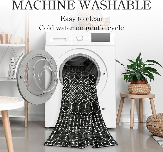 Lahome Moroccan Black Long Runner Washable Hallway Rug, Ultra-Thin Non Slip - Image 3