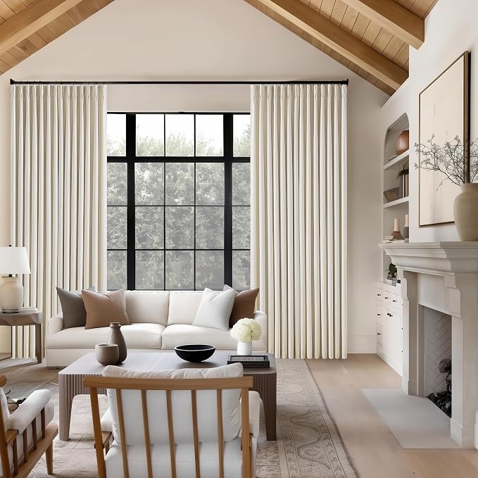 Cream Beige Pleated 100% Blackout Linen Curtains 108 Inches Long Set of 2 | - Image 7
