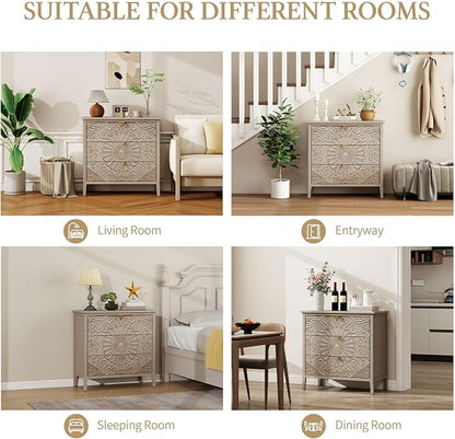 Carved 3 Drawer Cabinet with Floral Pattern & Gold Handles, 31.5" W Distressed - Image 5