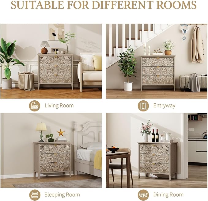 Carved 3 Drawer Cabinet with Floral Pattern & Gold Handles, 31.5" W Distressed - Image 6