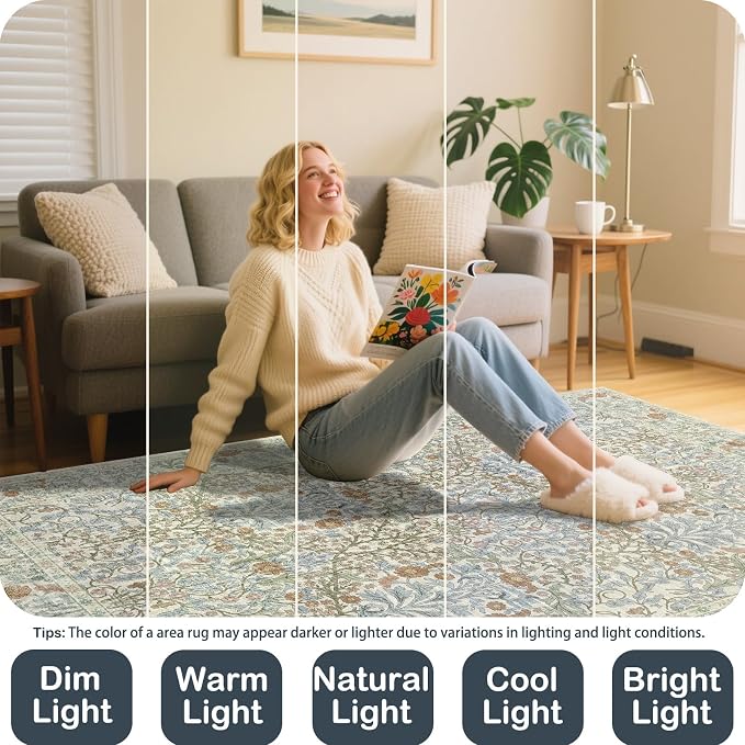 Vintage Beige Blue Living Room Rug, 5x7 Washable Area Rugs - Image 7
