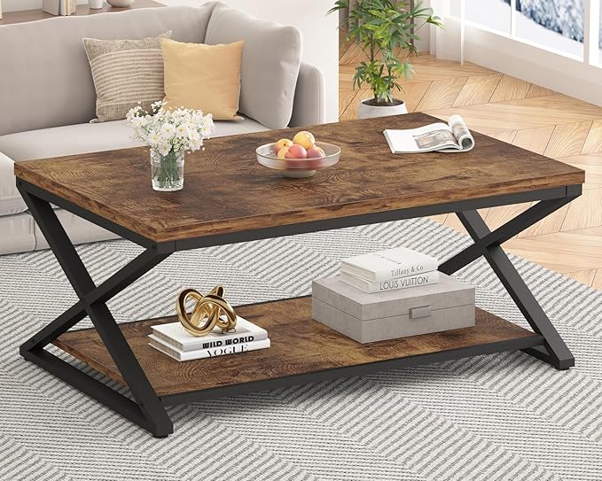 HSH Wood Coffee Table with Storage, Farmhouse Rustic Brown Coffee Table by HOMESWEETHOME