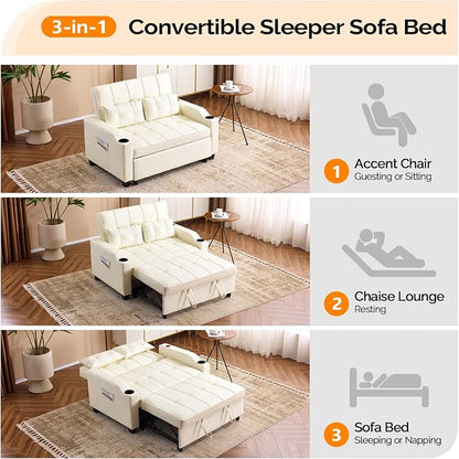VINGLI Beige Futon Sofa Bed Convertible Loveseat Sleeper Couch, Faux Leather - Image 4