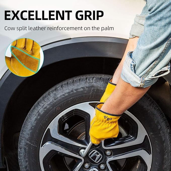 Vgo... 1-Pair Unlined Cow Grain Leather Work and Driver Gloves with Cow Split Leather Palm Patch (Size XL, Gold,CA9590)