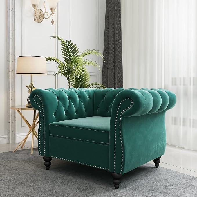 2 Piece Living Room Set, Velvet Chesterfield Sofa Couch Chair - Image 6