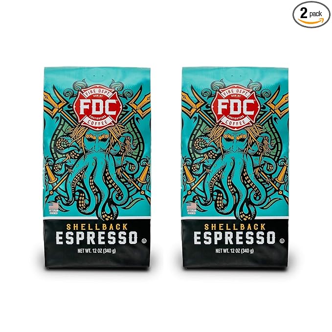 Fire Department Coffee - Gives Back to Firefighters - Shellback Espresso Ground Coffee - Bold & Smooth - Roasted in the USA - Dark Roast Espresso - Veteran Owned (12 oz, Pack of 2)