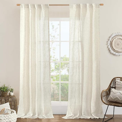84 Inch Length Natural Semi Sheer Linen Curtains 2 Panels by LAMIT