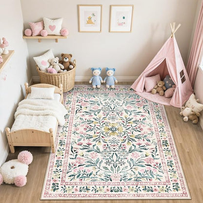 PLHXFR Area Rug Living Room: 5x7 Floral Washable Boho Carpet Pink Green | - Image 5