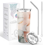 THILY Stainless Steel Vacuum Insulated Tumbler 26 oz Travel Mug Wide Mouth Coffee Cup with 2 Lids and Straws, Splash Proof, BPA Free, Keep Iced Drinks Cold, Golden Bloom Whispers