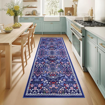PLHXFR 2.6x8 Washable Runner Rug：Floral Indoor Kitchen Soft Carpet Blue | by PLHXFRSoftAreaRugs