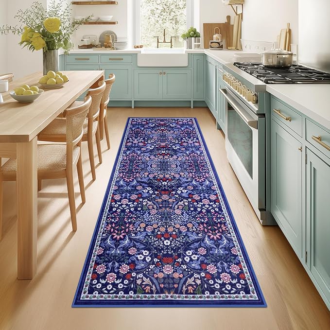 PLHXFR 2x6 Washable Runner Rug：Floral Indoor Kitchen Soft Carpet Blue | by PLHXFRSoftAreaRugs
