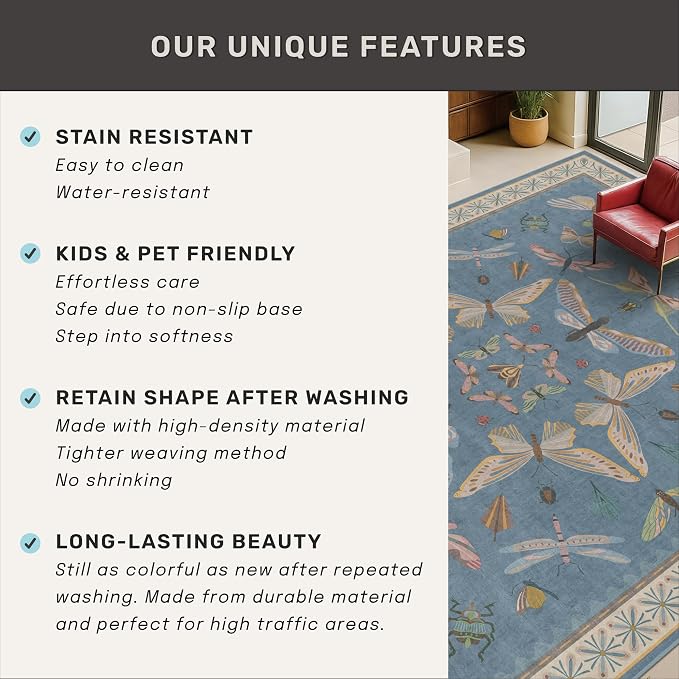 Washable Living Room Rug 8x10, Dusty Blue Area Rugs - Image 7