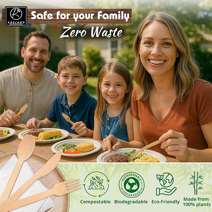 KOELHO'S Pre-Rolled Bamboo Cutlery Set 48-Pack 192 PCS | Bamboo Disposable Utensils 100% Biodegradable and Eco-Friendly | Wood Cutlery Set for Parties, Weddings, and Events